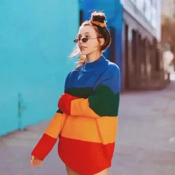 UNIF Women's Small Crayola Sweater Stripe Primary Color Block Mock Neck Emma Cha - Picture 1 of 16